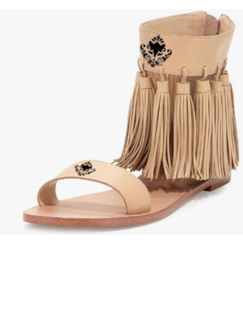 YDN Nude-brown Fringes Flats Tassels Open Toe Sandals Low-Heel Back Zipper Shoes